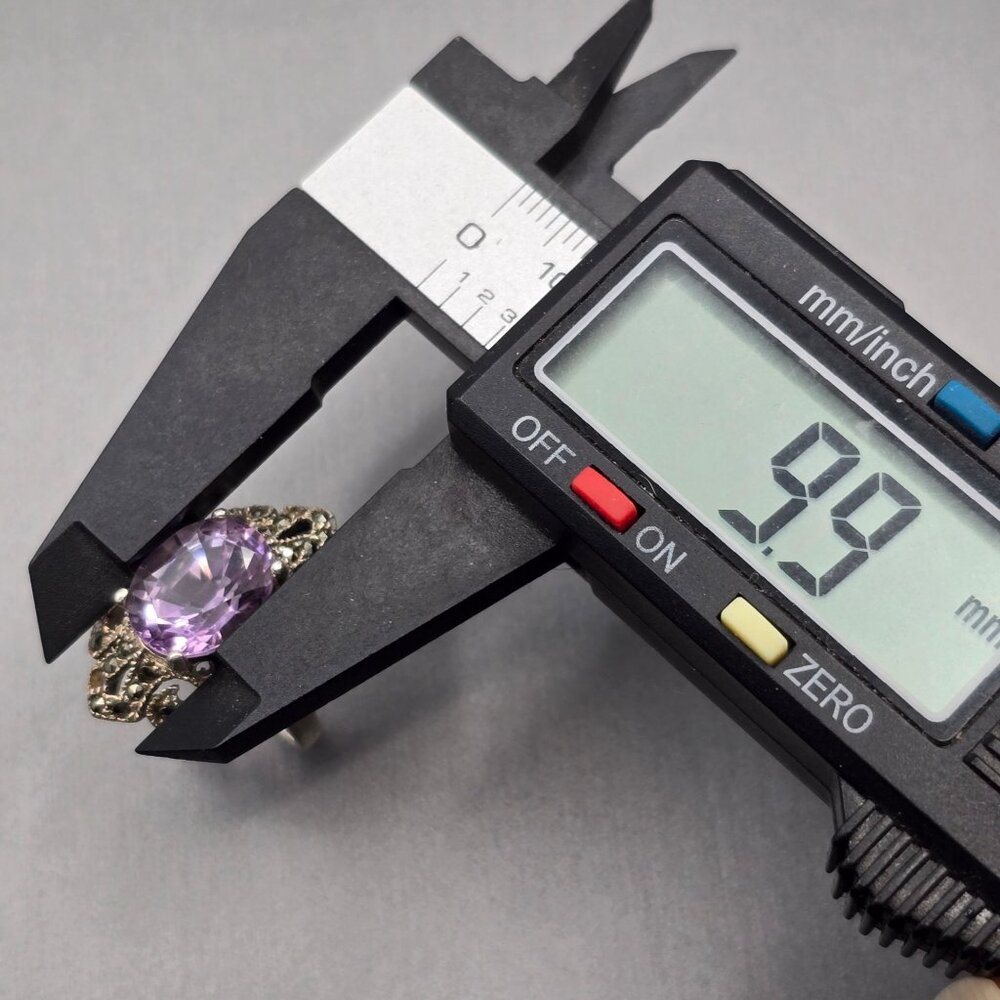 VTG Sterling Silver Amethyst Marcasite Cocktail Ring Size 6.5 Signed TH Art Deco - Picture 11 of 13